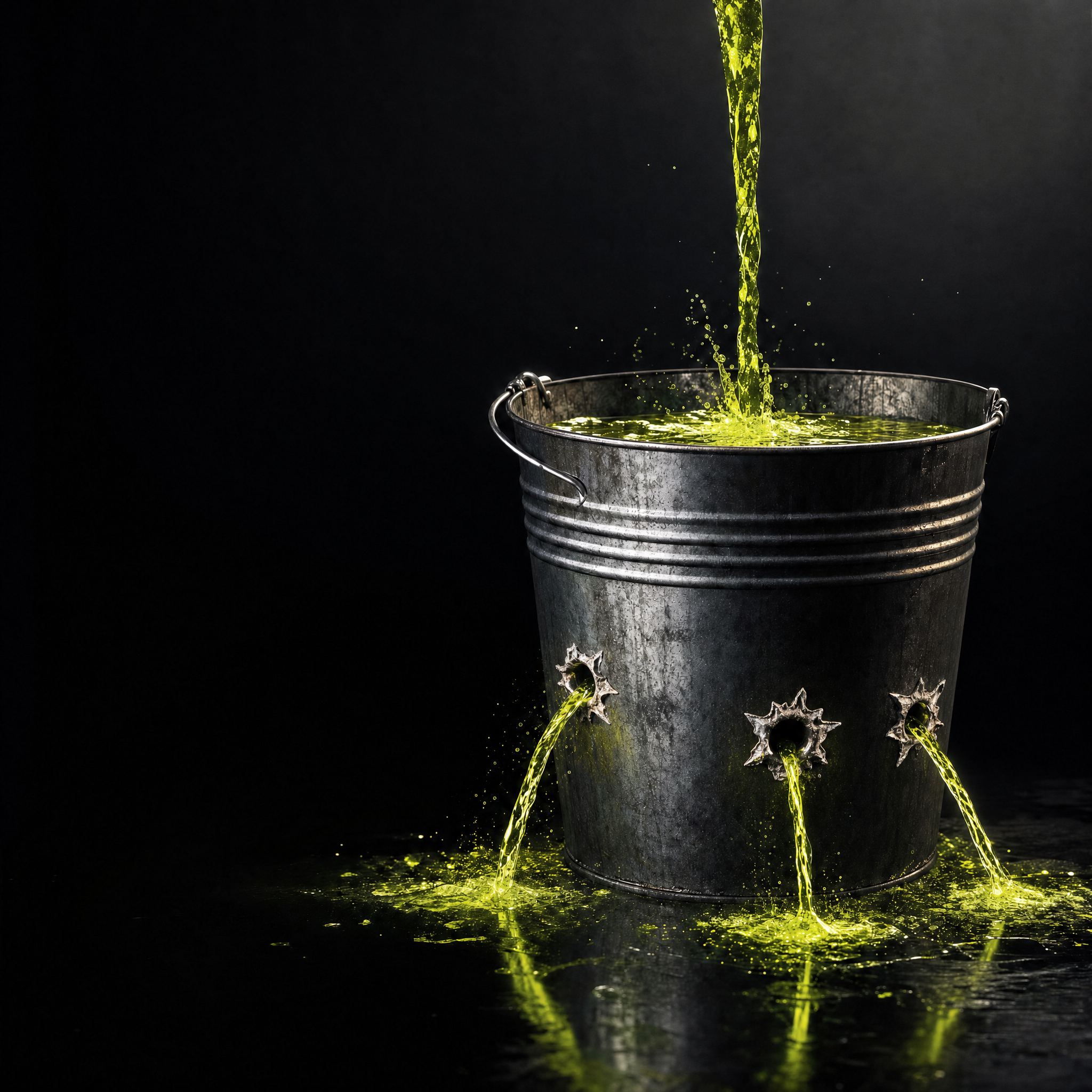 A gunmetal bucket filling with luminous green liquid that escapes through holes in its side — the enquiries a business loses.